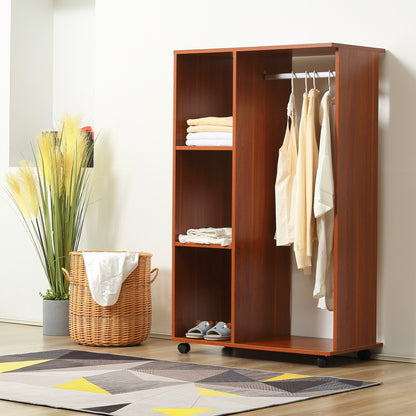 HOMCOM Open Wardrobe on Wheels, Bedroom Wardrobe with Clothes Hanging Rail, 3 Storage Shelves, Mobile Garment Rack for Cloakroom, Hallway, Walnut 