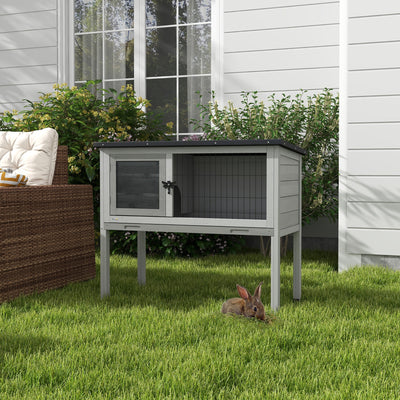 PawHut Wooden Guinea Pig Hutch, Small Animal Cage with Slide-out Tray, Openable Asphalt Roof, 84 x 43 x 70cm, Grey 