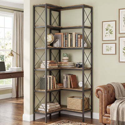 HOMCOM 5-Tier L-Shaped Bookshelf, Freestanding Corner Bookcase with Metal Frame, Rustic Brown