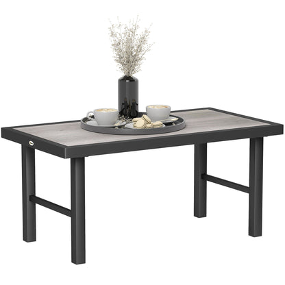 Outsunny Metal Garden Coffee Table, Outdoor Side Table with SPC Woodgrain Tabletop for Outside, Garden, Balcony, Porch, 100 x 53 x 46cm, Grey Wood Effect 