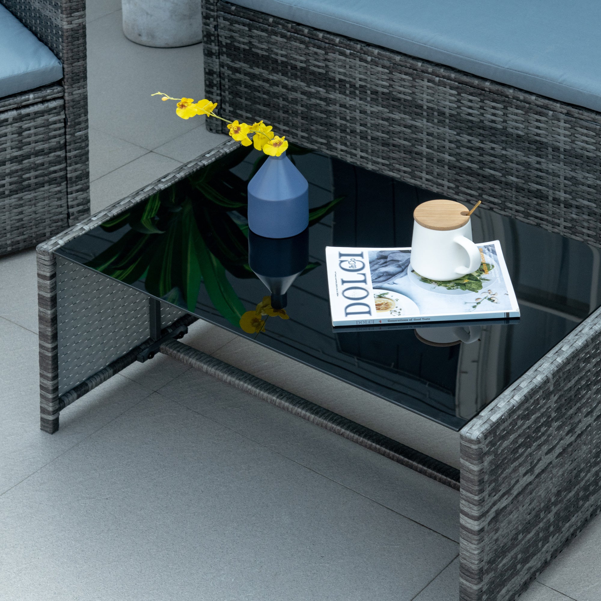 Outsunny 4 Pieces PE Rattan Garden Sofa Set with Cushions, Outdoor Patio Wicker Weave Conservatory Furniture Set with a Loveseat, 2 Armchairs and a Glass Top Coffee Table, Grey