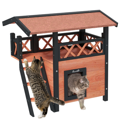 PawHut Cat House Outdoor w/ Balcony Stairs Roof, 77 x 50 x 73 cm, Brown 