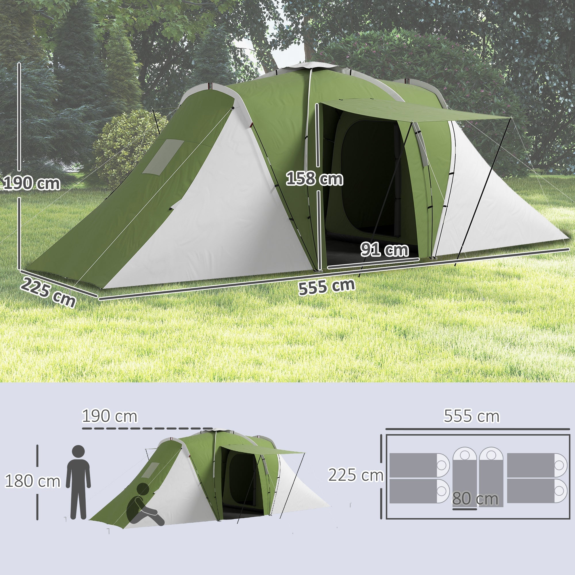 Outsunny Large Camping Tent Tunnel Tent with 2 Bedroom and Living Area, 2000mm Waterproof, Portable with Bag for 4-6 Man, Green 