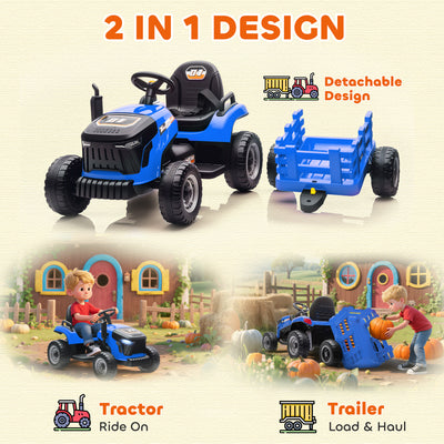 AIYAPLAY 12V Ride on Tractor and Trailer with Remote Control, Music, Shifter, Start-Up Sound, for Kids Ages 3-8 Years, Blue 