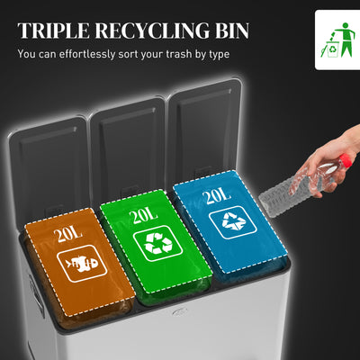 HOMCOM 3 x 20L Pedal Bin, Steel Triple Kitchen Bin with Soft Close Lid, Removable Inner Buckets, Fingerprint-Proof, Silver Tone 