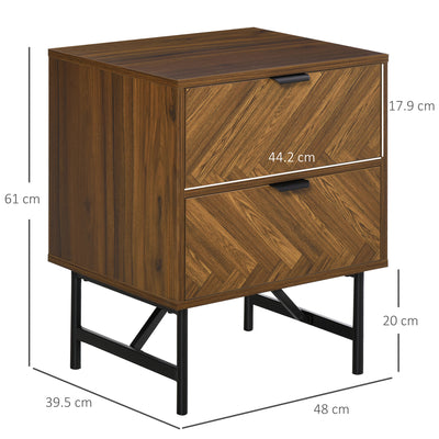 HOMCOM Bedside Table with Two Drawers, Side Cabinet Storage Unit with Metal Handles, Organisation Furniture for Living Room, Bedroom, Walnut Brown 