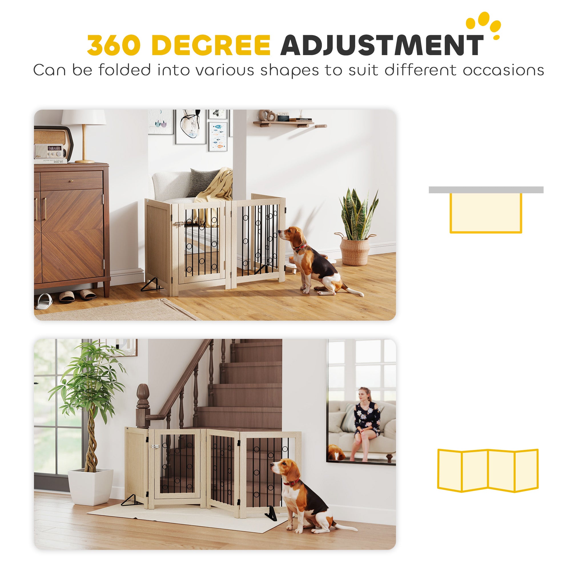 PawHut 4 Panel Freestanding Pet Gate, Indoor Dog Barrier with Lockable Door, Support Feet, 360° Flexible Hinges, Oak 