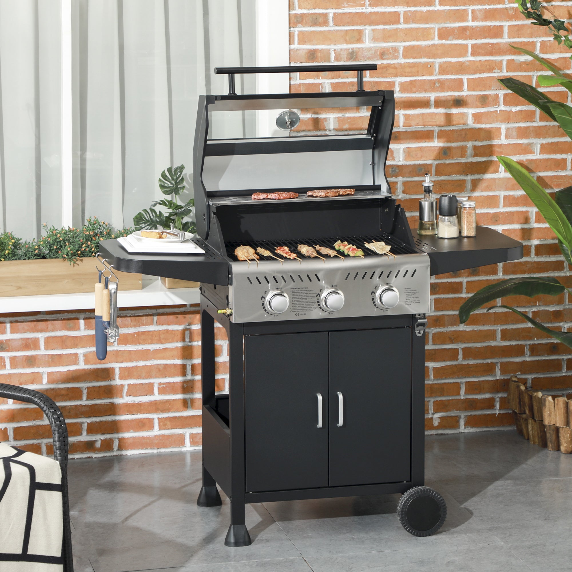 Outsunny 9kW Three-Burner Gas BBQ Grill, with See-Through Lid - Black 