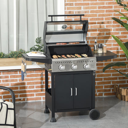 Outsunny 9kW Three-Burner Gas BBQ Grill, with See-Through Lid - Black 