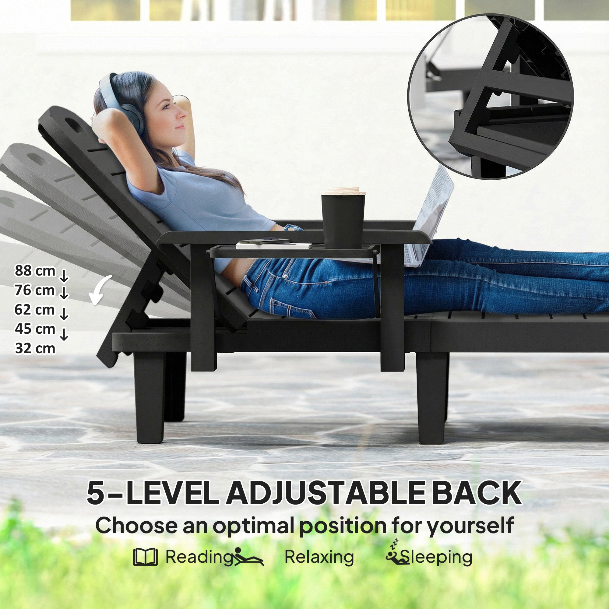 Outsunny Set of 2 Reclining Sun Loungers, 5 Positions Adjustable Outdoor Chaise Lounge Chair with Armrests, Black 