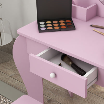 ZONEKIZ Kids Vanity Table with Mirror, Stool, Drawer, Storage Boxes, Cat Design, for Ages 3-6 Years - Pink 