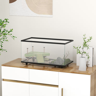 PawHut 50L Glass Turtle Tank Aquarium with Basking Platform, Easy Drainage, Strip Patch Thermometer 