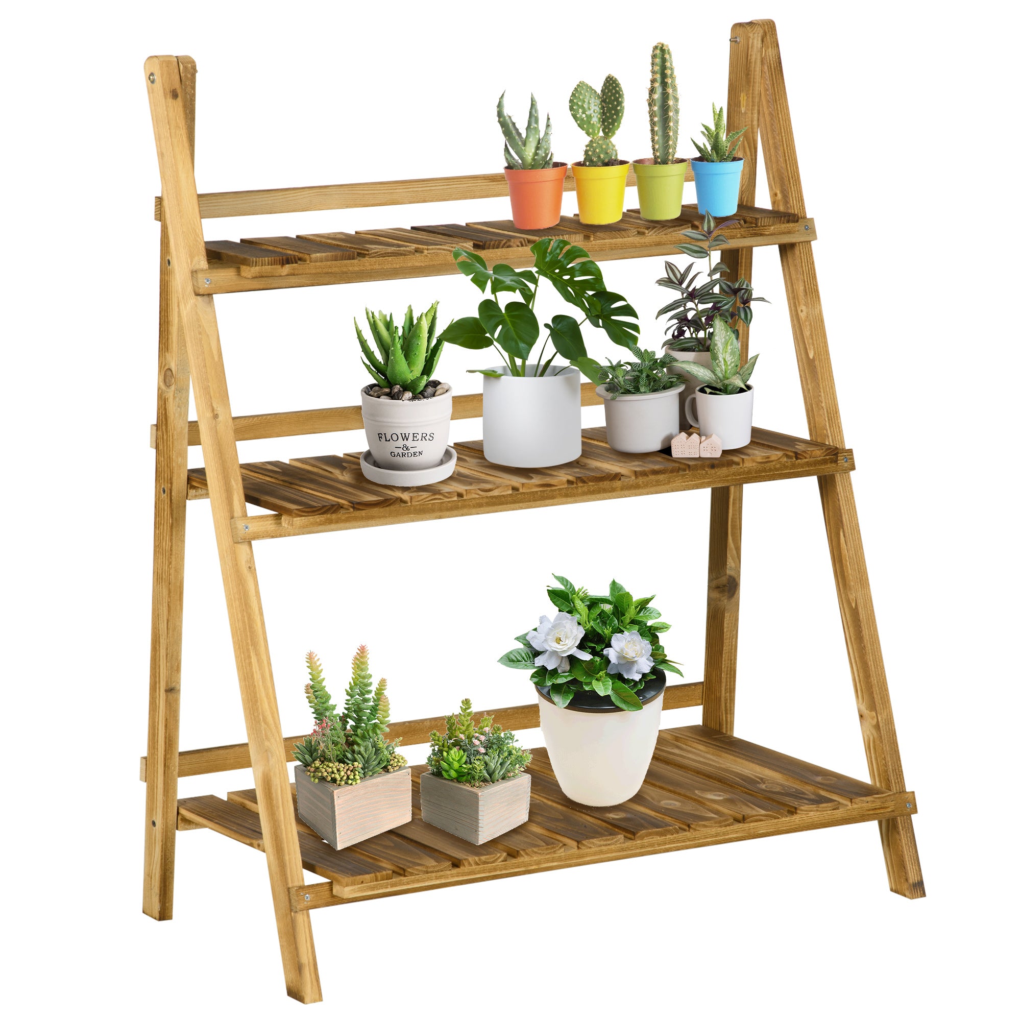 Outsunny Wooden Folding Flower Pot Stand 3 Tier Garden Planter Display Ladder Gardener Storage Shelves Rack Herb Holder (80L x 37W x 93H cm) 