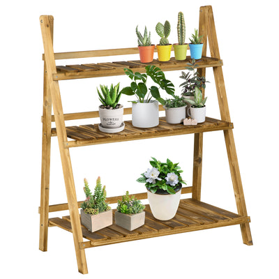 Outsunny Wooden Folding Flower Pot Stand 3 Tier Garden Planter Display Ladder Gardener Storage Shelves Rack Herb Holder (80L x 37W x 93H cm) 