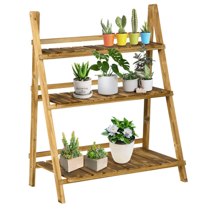 Outsunny Wooden Folding Flower Pot Stand 3 Tier Garden Planter Display Ladder Gardener Storage Shelves Rack Herb Holder (80L x 37W x 93H cm) 