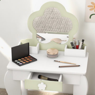 ZONEKIZ Kids Vanity Table with Mirror and Stool, Drawer, Storage Boxes, Flower Design, for Ages 3-6 Years - White 