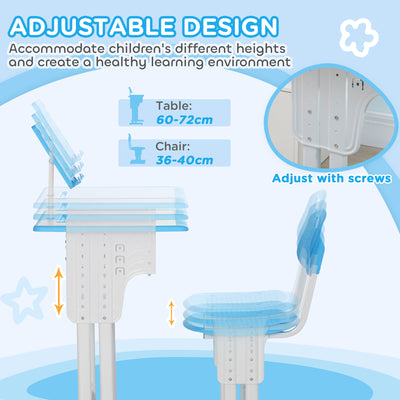 HOMCOM Kids Adjustable Desk and Chair Set, Book Stand, Pen Slot - Blue 