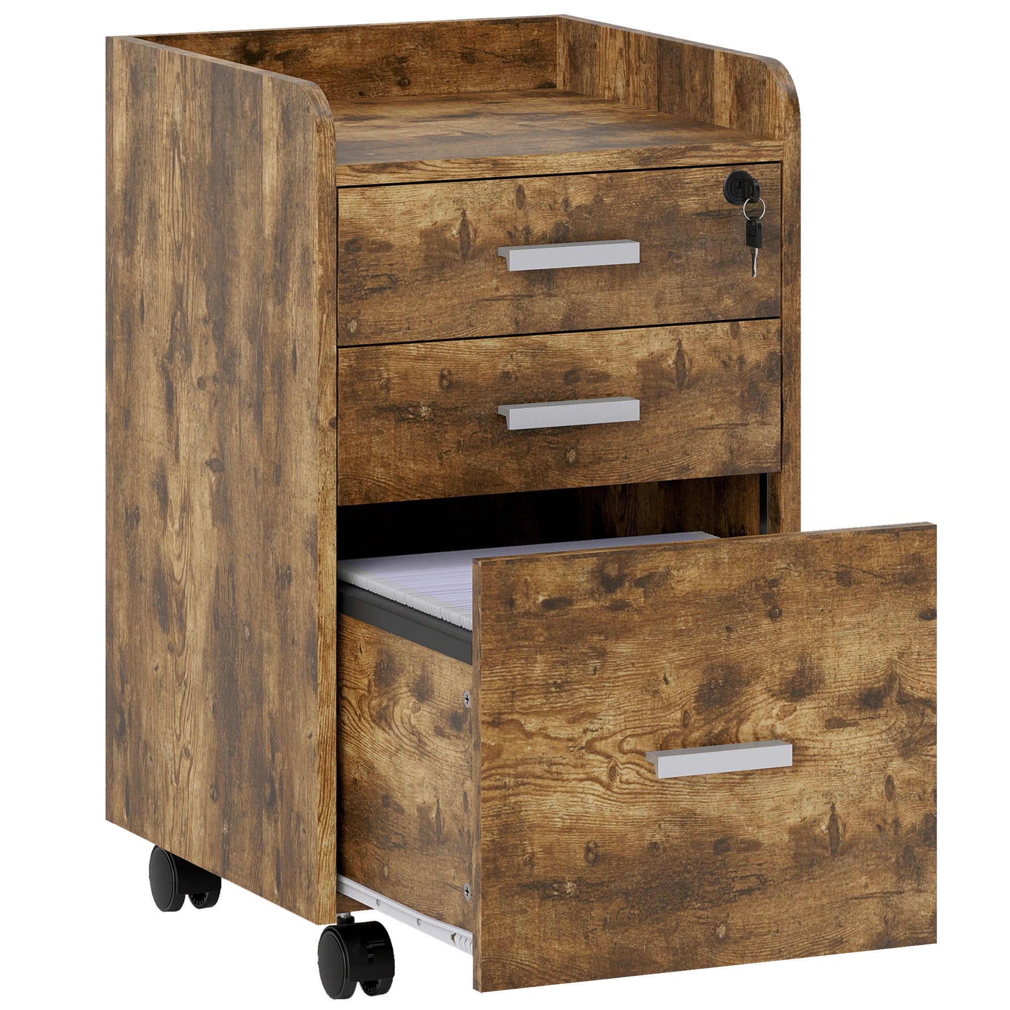 HOMCOM 3 Drawer Filing Cabinet with Lock, Rolling File Cabinet with Edged Top for Letter, A4 Size, Hanging File Folders 