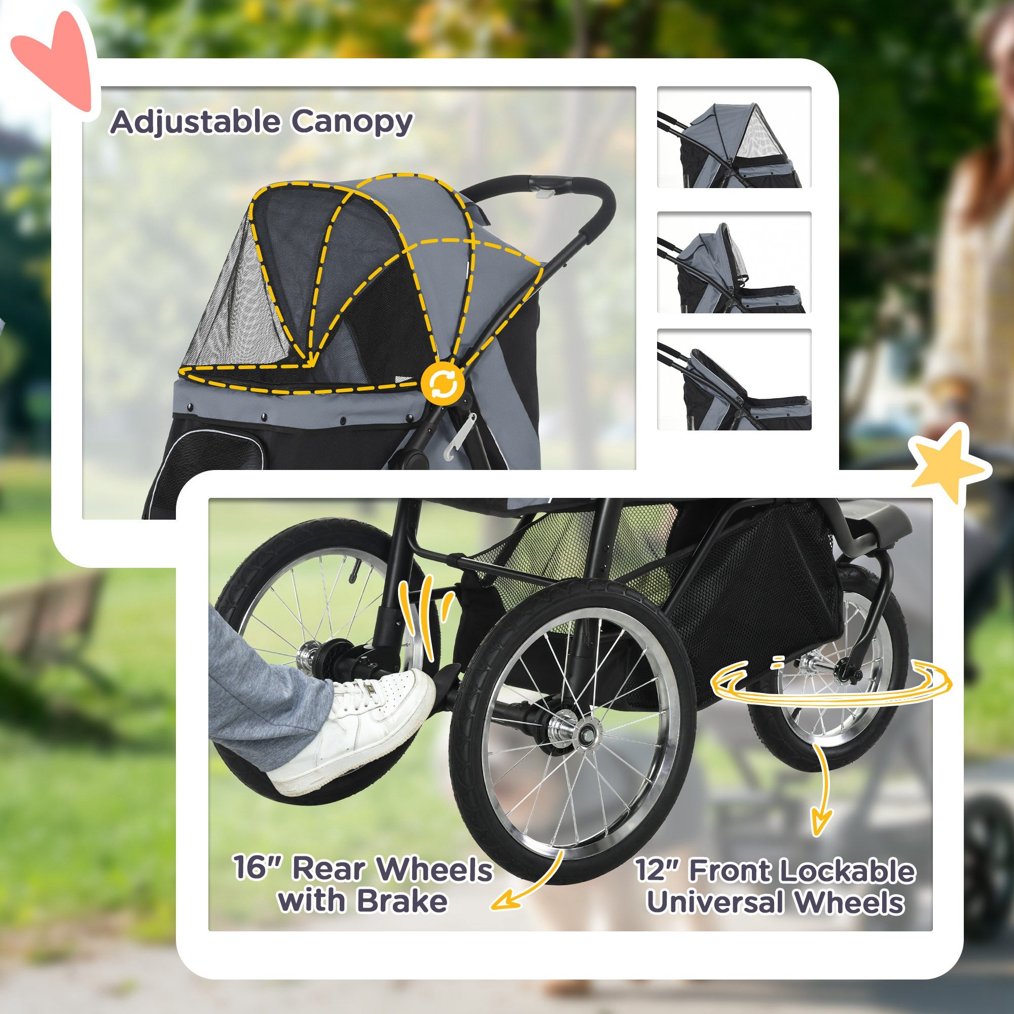 PawHut Dog Pram Dog Stroller Jogger Foldable Pet Pushchair for Medium, Small Dogs, w/ Rubber Wheels, Washable Cushion - Grey 