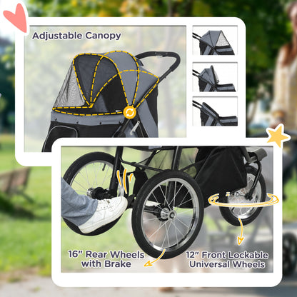 PawHut Dog Pram Dog Stroller Jogger Foldable Pet Pushchair for Medium, Small Dogs, w/ Rubber Wheels, Washable Cushion - Grey 