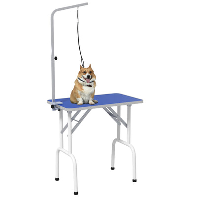 PawHut 32" Foldable Dog Grooming Table Pet Drying Beauty Table Adjustable Fixed Arm Rubber Top, Blue 