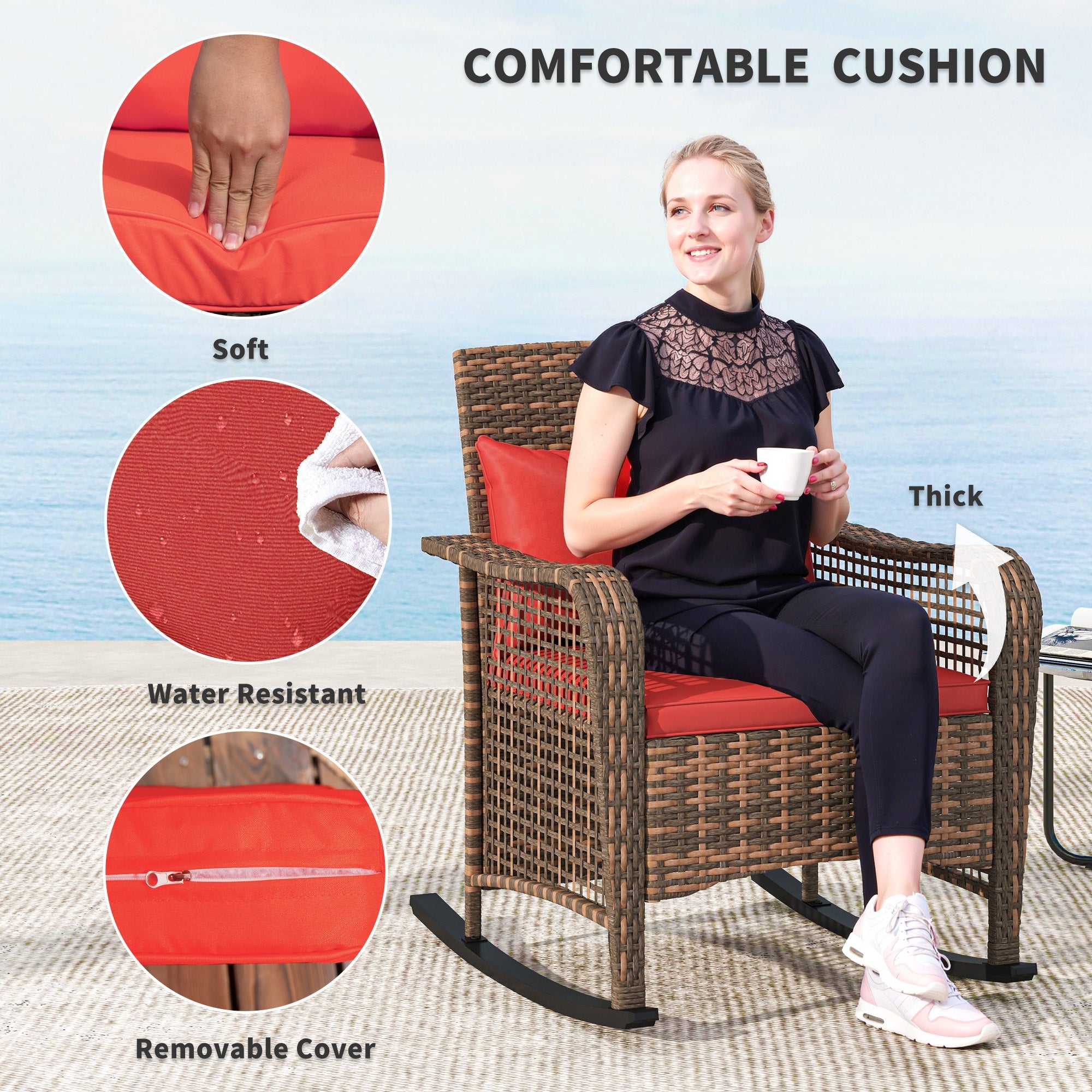 Outsunny Garden Rocking Chair, Outdoor Rattan Rocker Lounge Chair with Seat and Back Cushions, Patio Armchair Seat with All-weather Wicker, Steel Frame for Porch Balcony, Red 