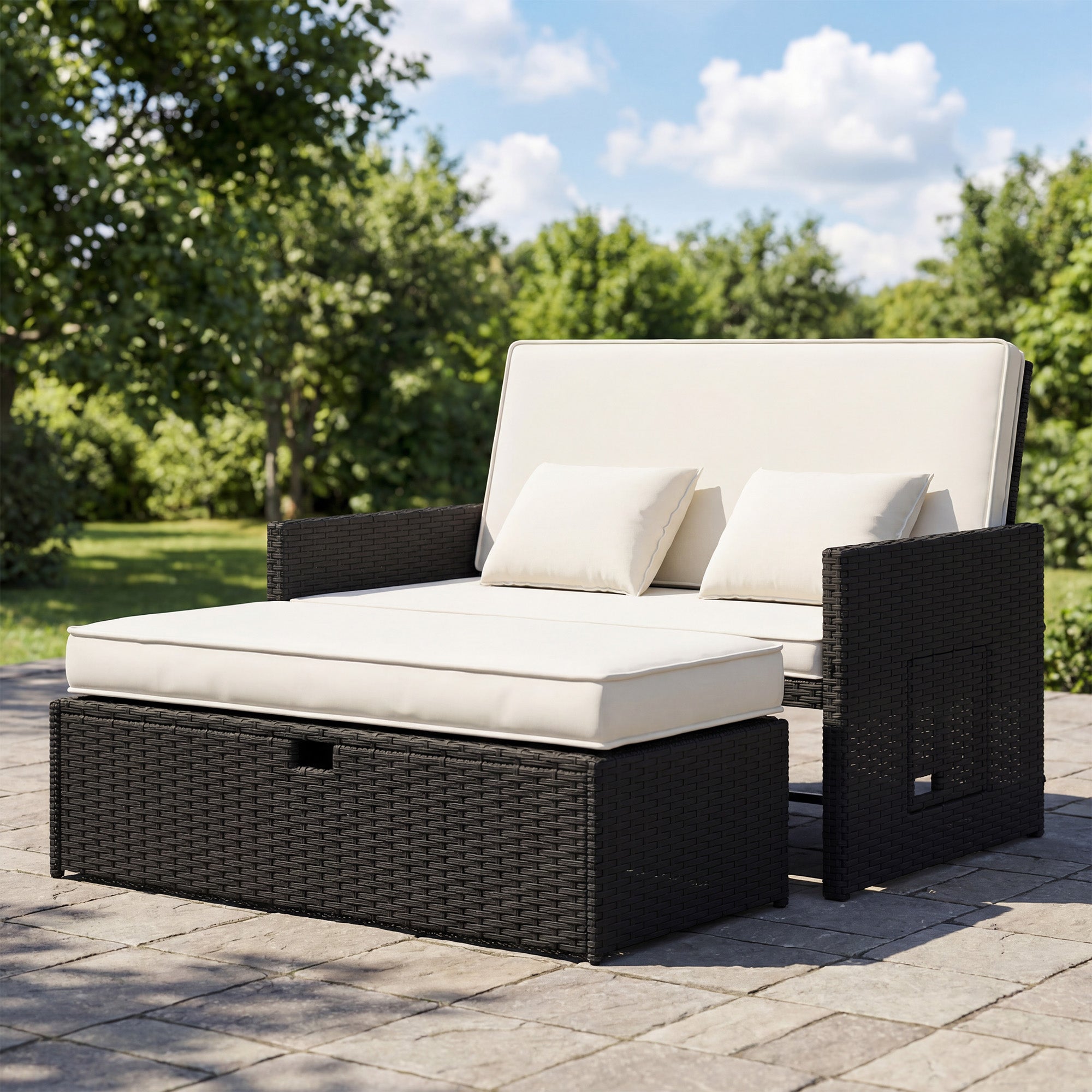Outsunny Rattan Garden Daybed, Double Sun Lounger with 5-Level Adjustable Back, Storage Ottoman, Cream White 