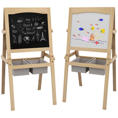 AIYAPLAY Kids Easel with Paper Roll, 3 in 1 Art Easel for Toddlers, Double-Sided Kids Whiteboard Blackboard with Storage Baskets for Ages 3-6 Years - Natural Wood Finish 