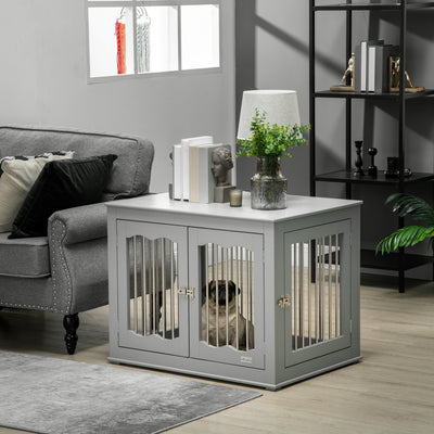 PawHut Dog Crate End Table Furniture Style Dog Cage w/ Three Doors, Locks and Latches - Grey 