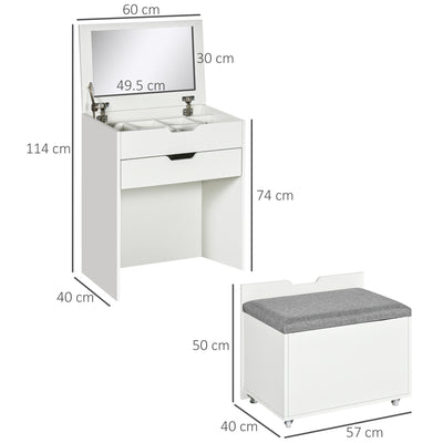 HOMCOM Dressing Table with Flip-up Mirror and Storage Stool, Vanity Table with Drawer and Hidden Compartments for Bedroom, Living Room, White 
