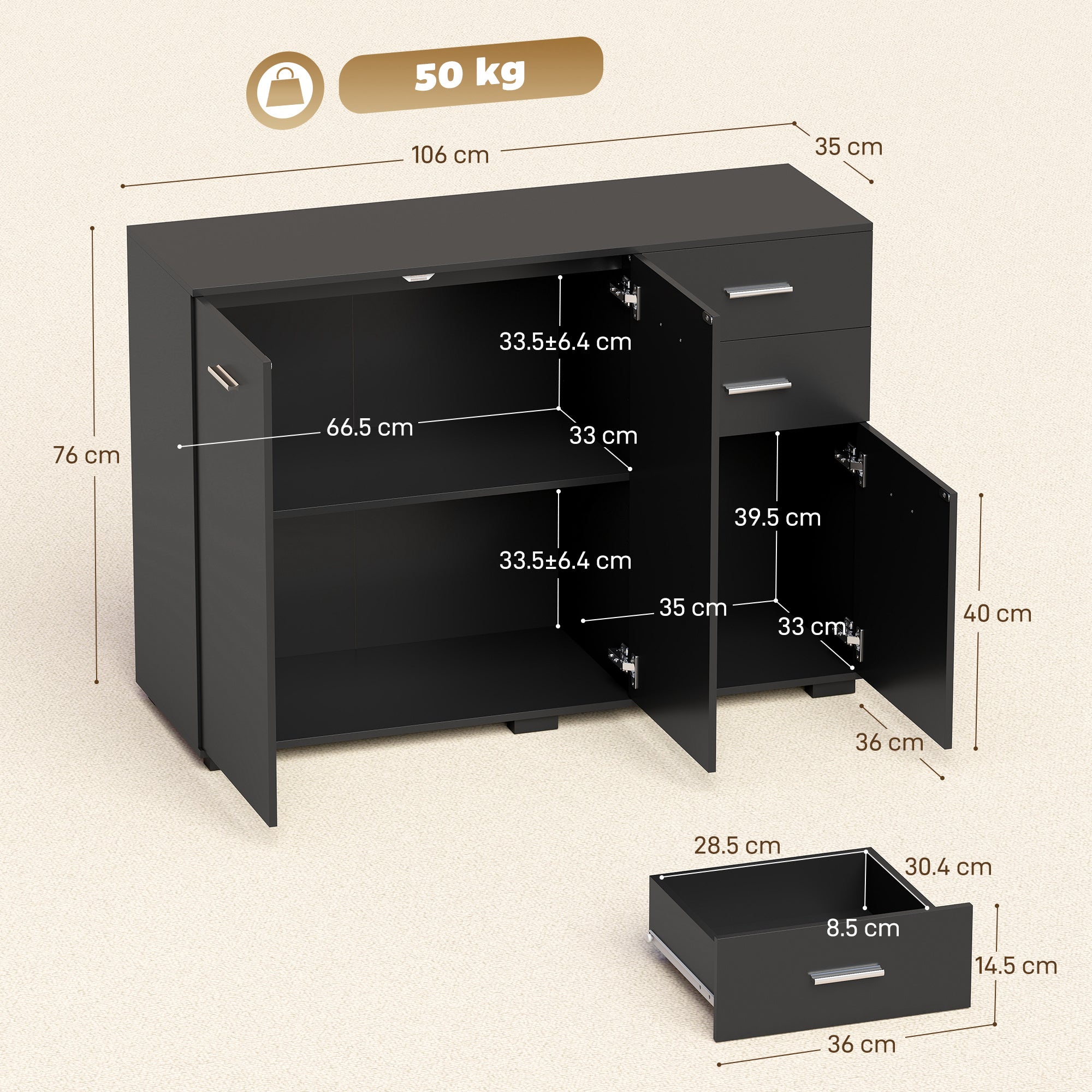 HOMCOM Sideboard, Modern Storage Cabinet with 2 Drawers, 3 Doors and Adjustable Shelves, Black 