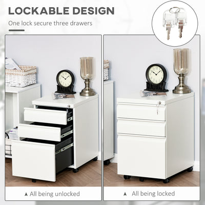 Vinsetto 3 Drawer Filling Cabinet, Mobile Metal File Cabinet with Anti-tilt Design for Letter, A4, Legal Size, White 