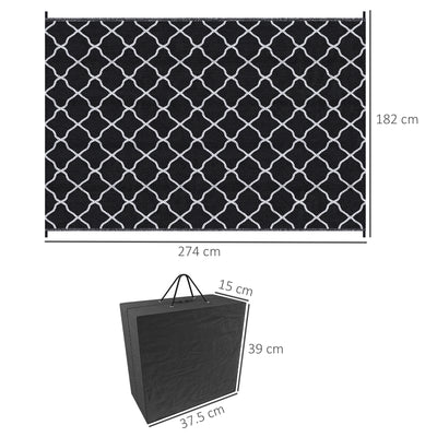 Outsunny Reversible Outdoor Rug, Plastic Straw Mat w/ Carry Bag Ground Stakes for Garden RV Picnic Beach Camping 182x274cm Black 