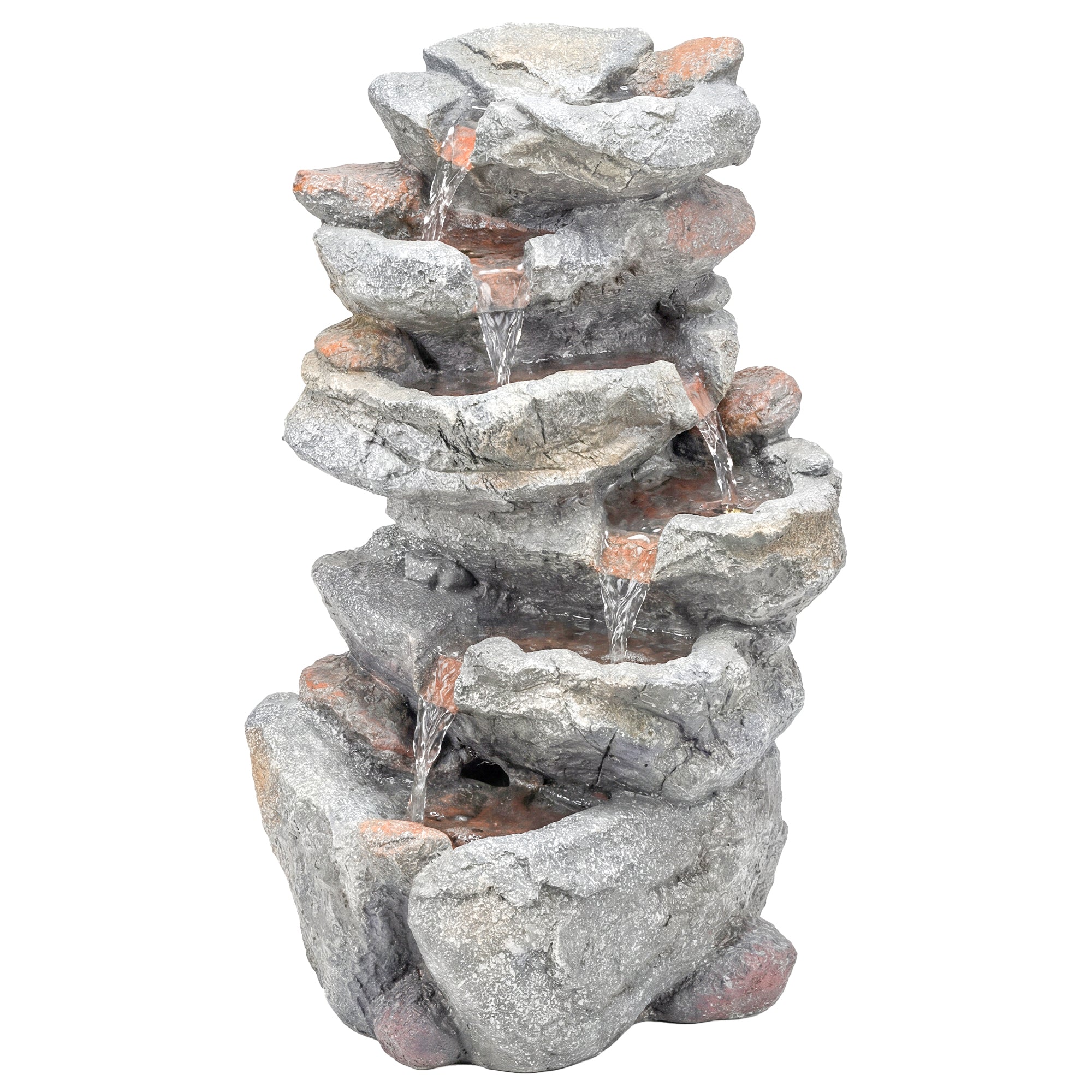 Outsunny Outdoor Water Fountain with 6-Tier Rock Style, Cascading Waterfall Feature with LED Lights, Adjustable Flow, Grey 