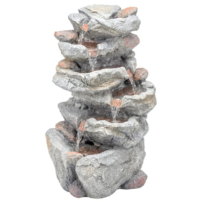 Outsunny Outdoor Water Fountain with 6-Tier Rock Style, Cascading Waterfall Feature with LED Lights, Adjustable Flow, Grey 