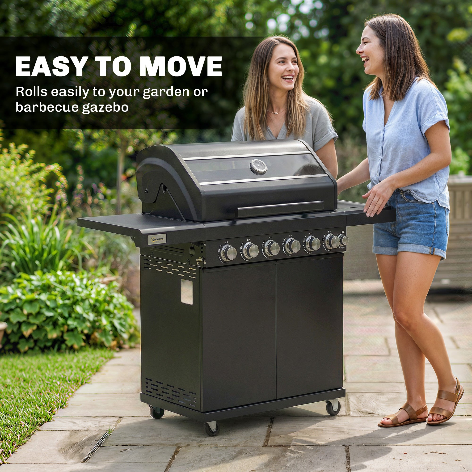 Outsunny 6+1 Burner Gas BBQ Grill, Outdoor Barbecue Trolley with Wheels, Warming Rack, Thermometer, Bottle Opener, Black 