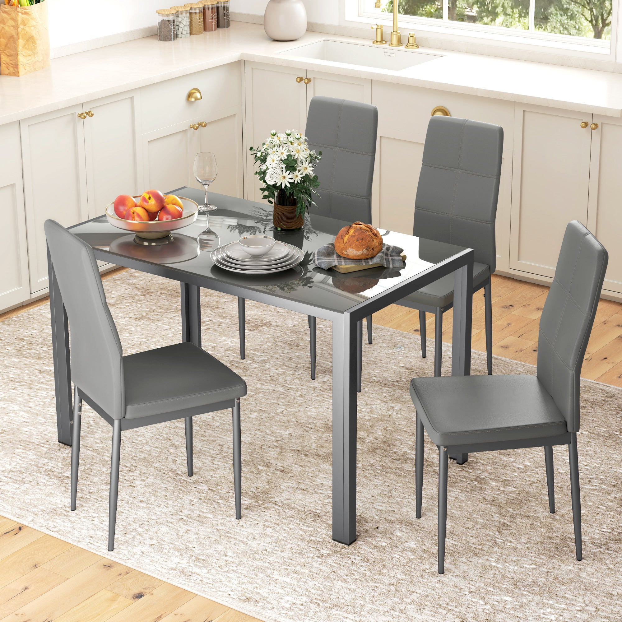 HOMCOM 5-Piece Kitchen Dining Table Set with 4 Faux Leather Metal Frame Chairs Glass Tabletop Desk for Dining Room, Kitchen, Dinette, Grey 