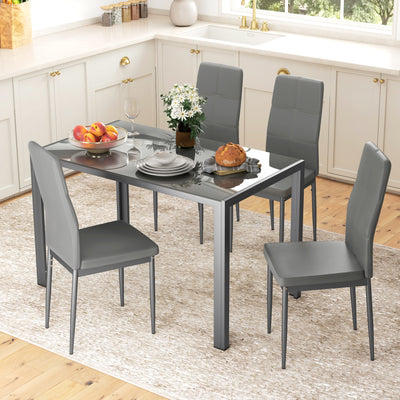 HOMCOM 5-Piece Kitchen Dining Table Set with 4 Faux Leather Metal Frame Chairs Glass Tabletop Desk for Dining Room, Kitchen, Dinette, Grey 