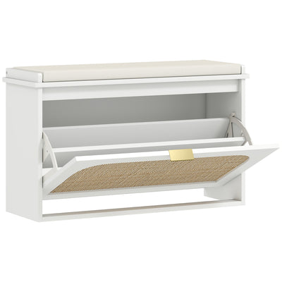HOMCOM Boho Shoe Bench with Padded Seat and Flip-Drawer - White 