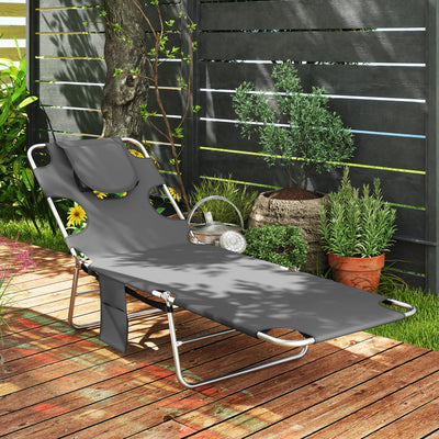 Outsunny Foldable Sun Lounger Set of 2, Beach Chaise Lounge with Reading Hole, Arm Slots, 5-Position Adjustable Backrest, Side Pocket, Pillow for Garden, Beach, Pool, Dark Grey 