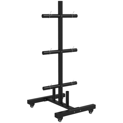 SPORTNOW Weight Rack for Olympic Weight Plate, 3 Tier Weight Tree for 2 inch Plates and Bars, Weight Organiser Stand with 4 Transport Wheels and Clamps for Home Gym, Max Load 200kg, Black 
