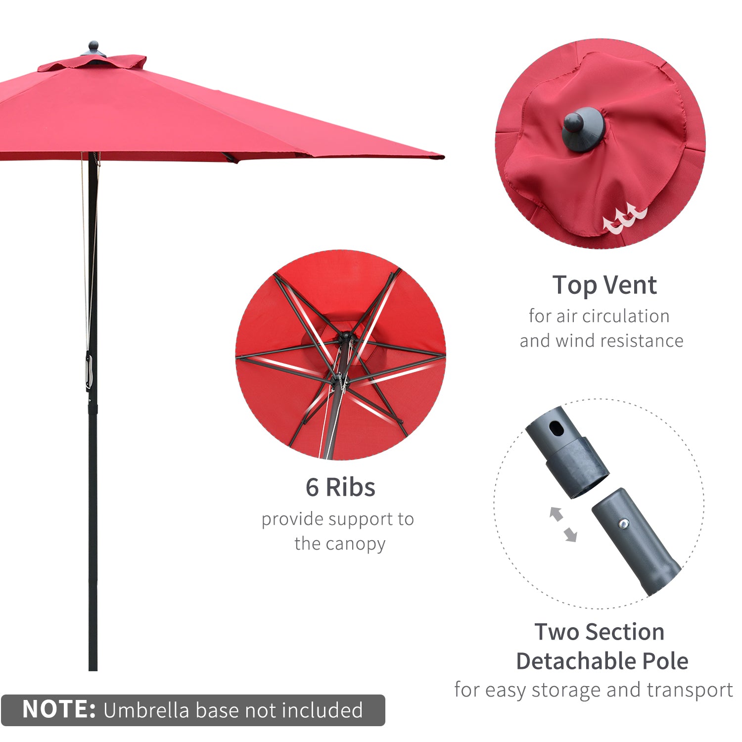 Outsunny 2.8m Garden Parasol Umbrella, Round Outdoor Market Table Umbrella Sun Shade Canopy, Wine Red 