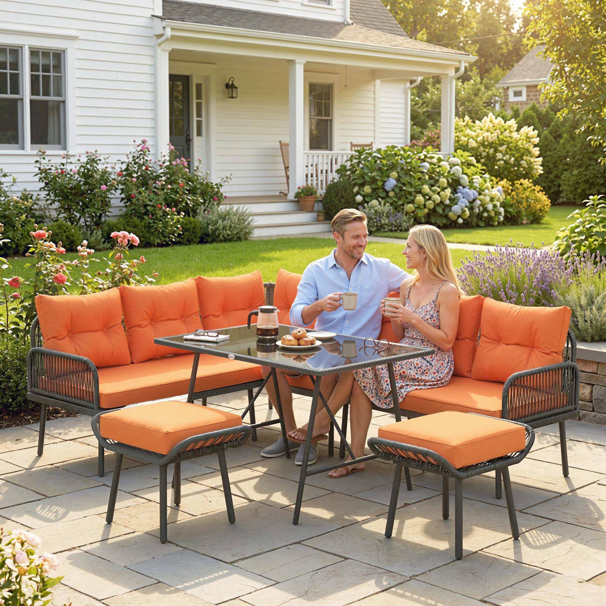 Outsunny 6 Piece Rattan Garden Furniture Set, 8 Seater Garden Corner Sofa with Cushions and Glass Top Table, Orange 
