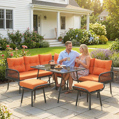Outsunny 6 Piece Rattan Garden Furniture Set, 8 Seater Garden Corner Sofa with Cushions and Glass Top Table, Orange 