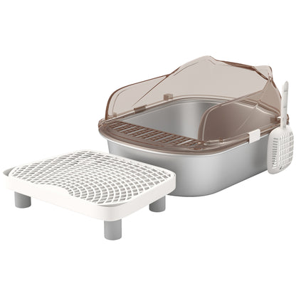 PawHut Stainless Steel Litter Box with Lid, High Wall Sided Enclosure, Pedal, Scoop, Non-Sticky, Anti-Leakage, Easy Cleaning