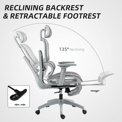 HOMCOM Executive Office Chair, Ergonomic Mesh High Back Desk Chair with Lumbar Support, Reclining Function, Swivel Computer Chair with 3D Armrest, Headrest, Footrest, Grey 
