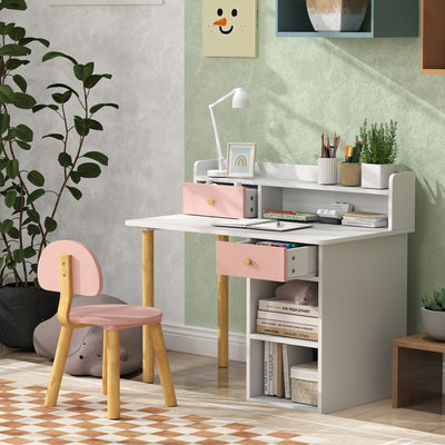 AIYAPLAY 2 Pieces Children Study Table with Hutch, Kids Desk and Chair Set with Storage Drawer, Shelves - Pink 