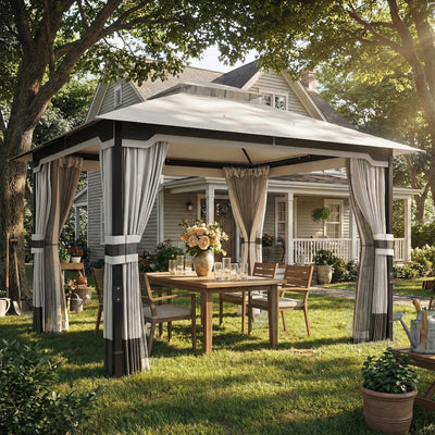 Outsunny 3 x 3.6 m Outdoor Garden Gazebo with Netting and Curtains, Double Roof Patio Gazebo Permanent Pavilion, Light Grey 