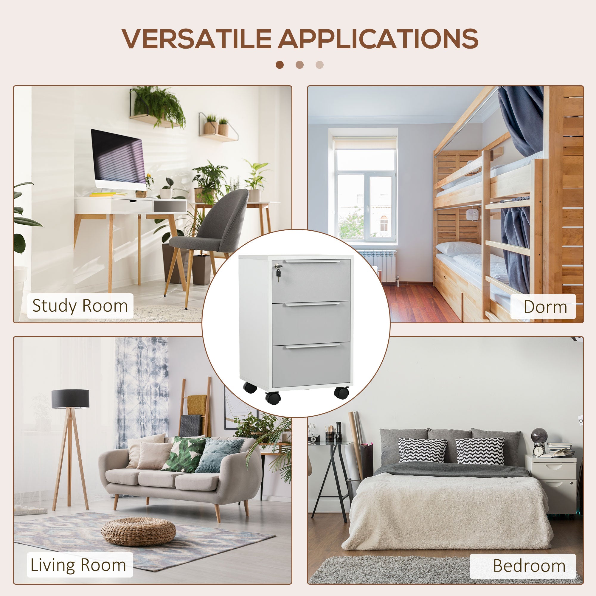 HOMCOM 3-Drawer Lockable Filing Cabinet, File Cabinet on Wheels, Mobile Office Storage Drawers for Home Office, Bedroom and Living room, White and Grey 