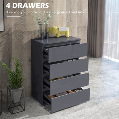 HOMCOM High Gloss Chest of Drawers, 4-Drawer Storage Cabinets, Modern Dresser for Bedroom, Grey 